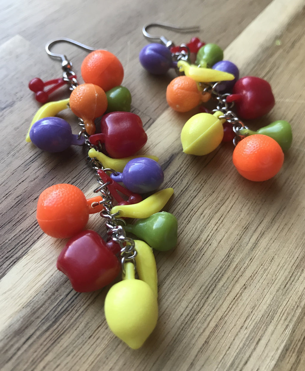 Fruity pants earing features a variety of vintage fruit charms.  Lemons, apples, bananas, pears, oranges and cherries.