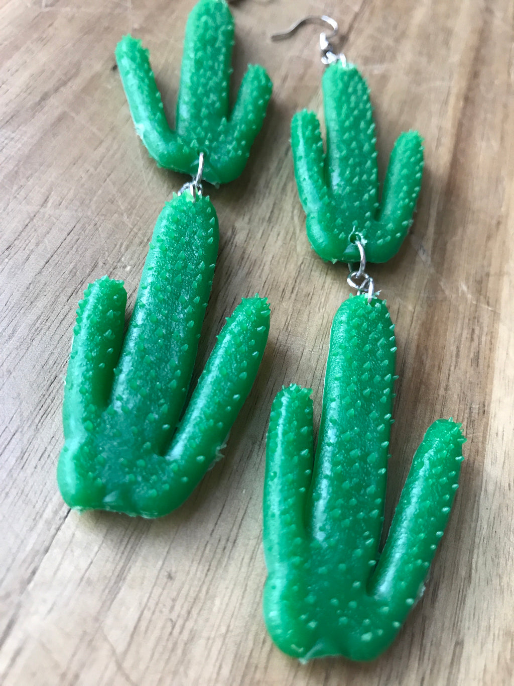 Two bumpy and stumpy cacti are attached by a metal ring.  This makes for a long dangle earring.